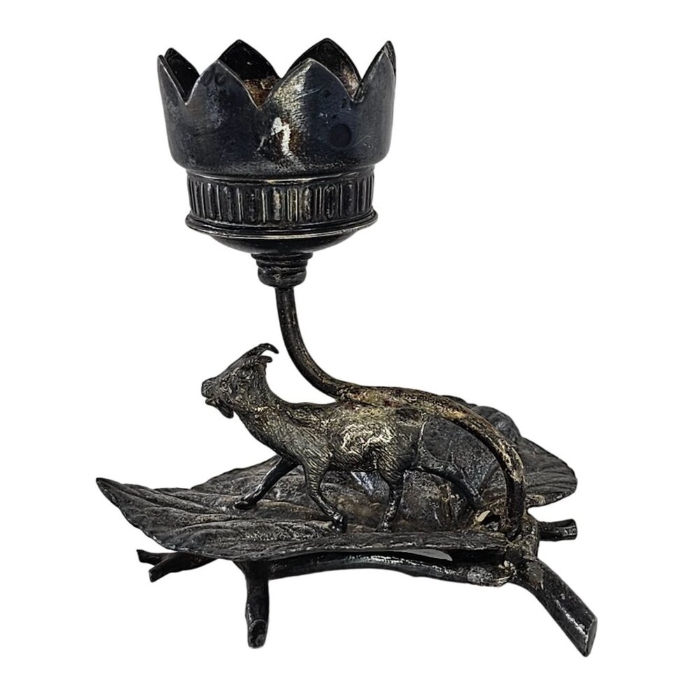 Antique Meriden Silver Plate Company Goat Candle Holder With Leaf Base #5077